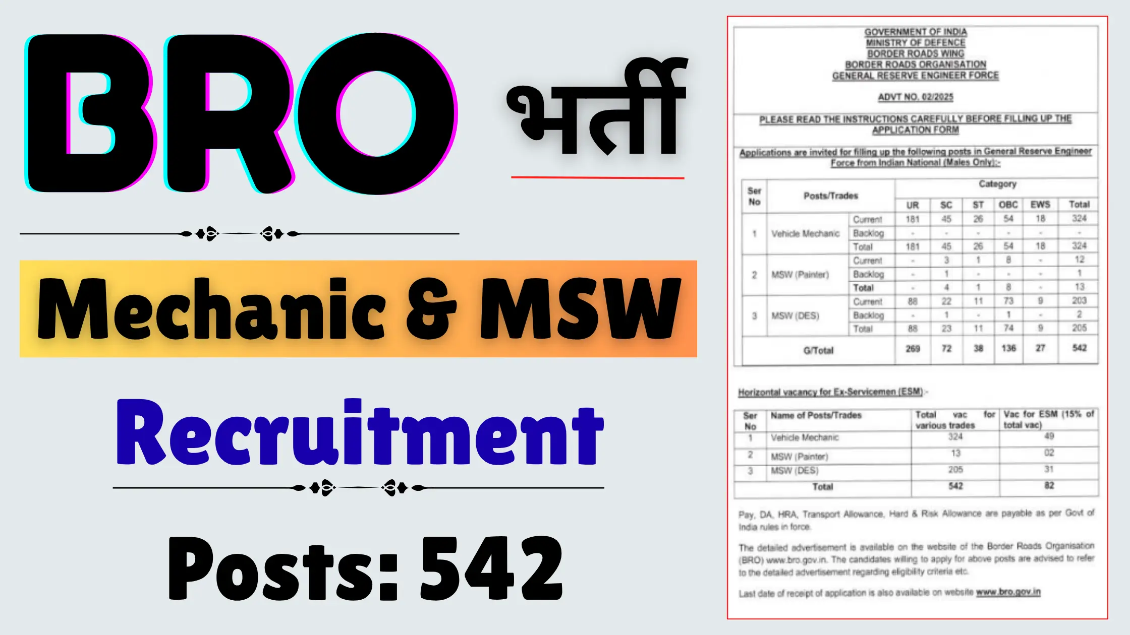 BRO Mechanic & MSW Recruitment